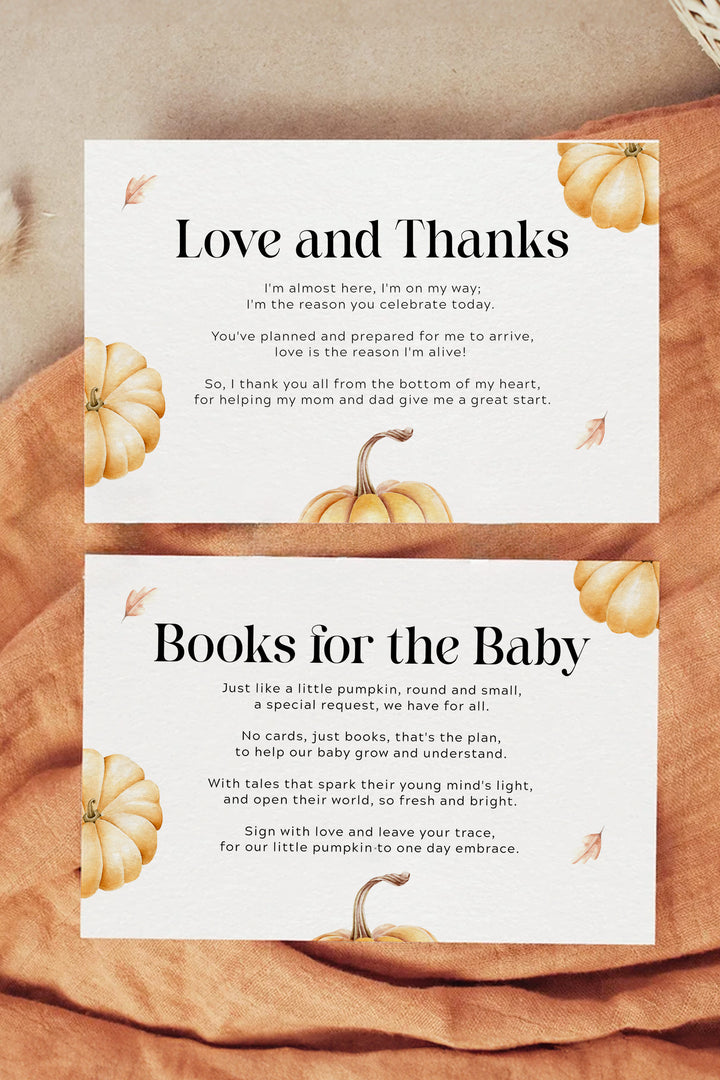 Golden Pumpkin-themed printable baby shower decor, featuring invitations, raffle cards, and more.