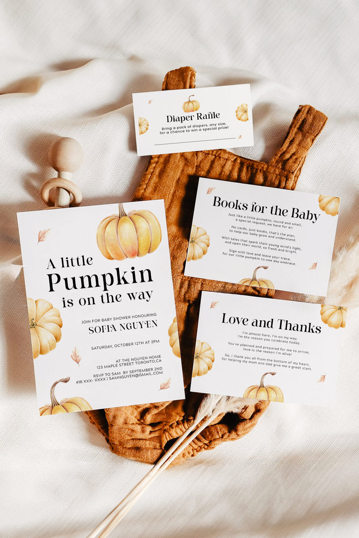 Customizable Golden Pumpkin Baby Shower invitation, thank you card, and book card set for autumn events.