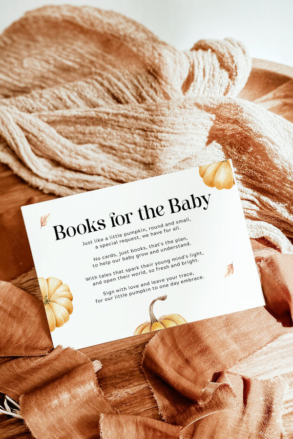 Customizable Golden Pumpkin Baby Shower invitation, thank you card, and book card set for autumn events.