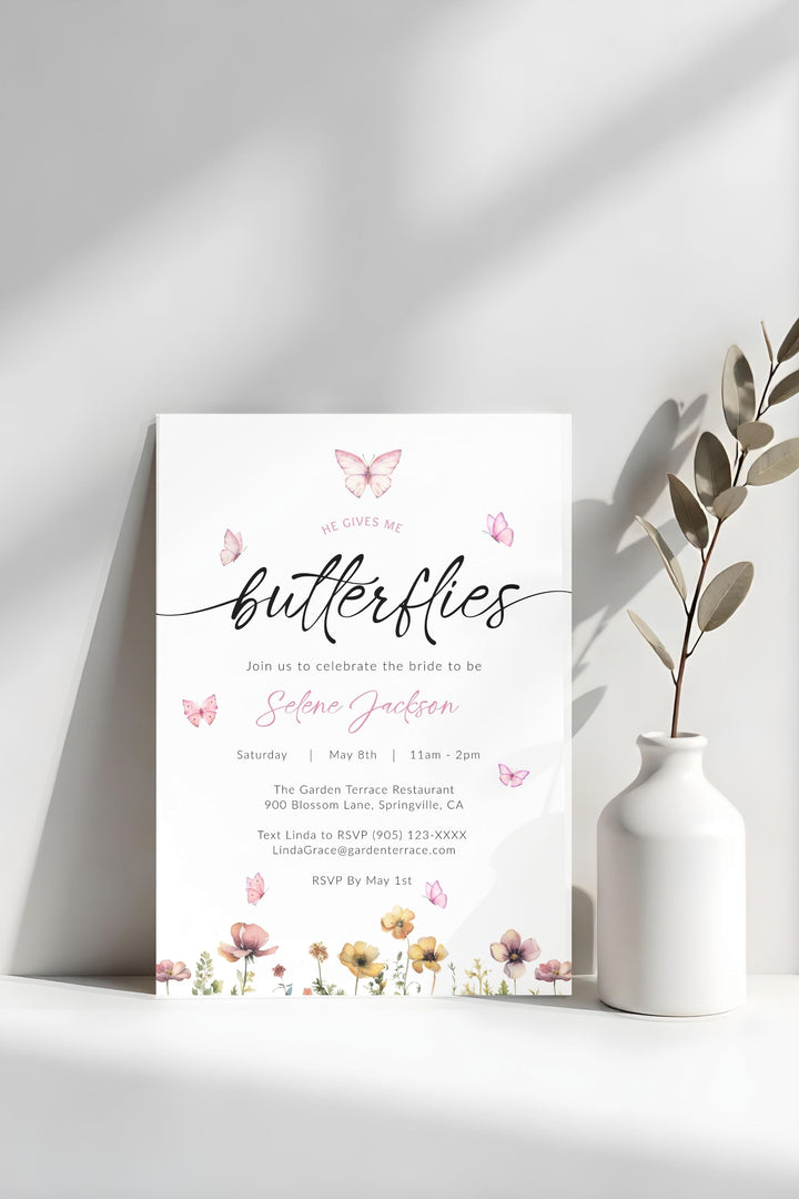 He Gives Me Butterflies Bridal Shower Invitation with Romantic Butterfly Design