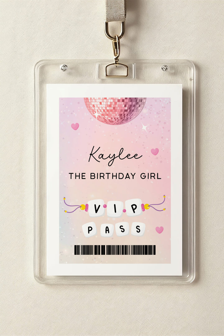 "In My Birthday Era VIP Pass inspired by Taylor Swift's Eras Tour""Personalized VIP birthday pass for Swiftie-themed parties""DIY printable VIP pass for Taylor Swift-inspired birthday celebration""2.5x3.5 inch printable VIP pass for birthday party guests"