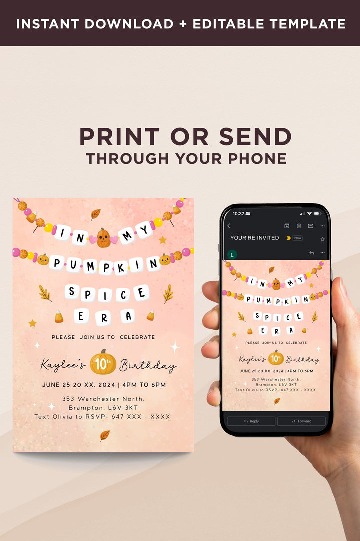 In My Pumpkin Spice Birthday Era Invitation, perfect for a cozy fall-themed birthday celebration, customizable and printable.- vowpaperie