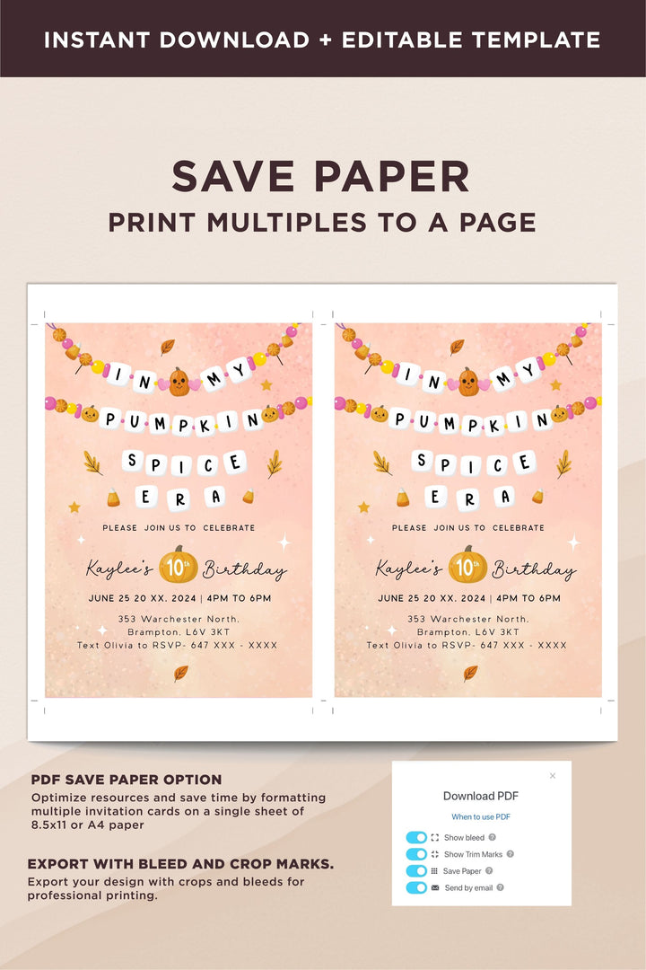 In My Pumpkin Spice Birthday Era Invitation, perfect for a cozy fall-themed birthday celebration, customizable and printable.