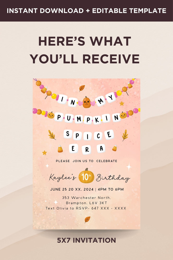 In My Pumpkin Spice Birthday Era Invitation, perfect for a cozy fall-themed birthday celebration, customizable and printable. - Vowpaperie