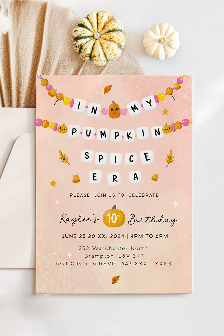 In My Pumpkin Spice Birthday Era Invitation, perfect for a cozy fall-themed birthday celebration, customizable and printable.- Vowpaperie