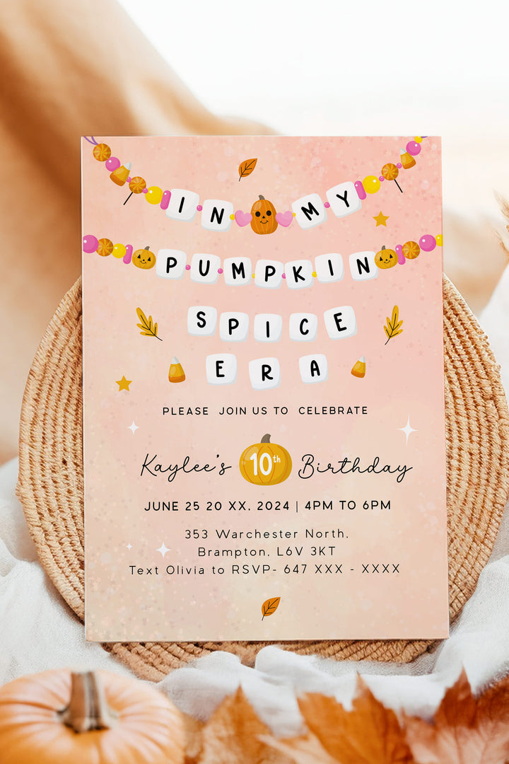 In My Pumpkin Spice Birthday Era Invitation, perfect for a cozy fall-themed birthday celebration, customizable and printable. - vowpaperie