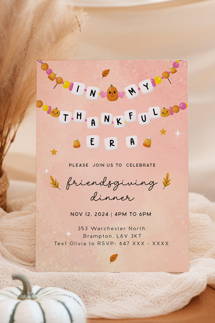 In My Thankful Era Friendsgiving Invitation, perfect for a cozy, autumn-inspired Friendsgiving dinner, customizable and printable.- Vowpaperie