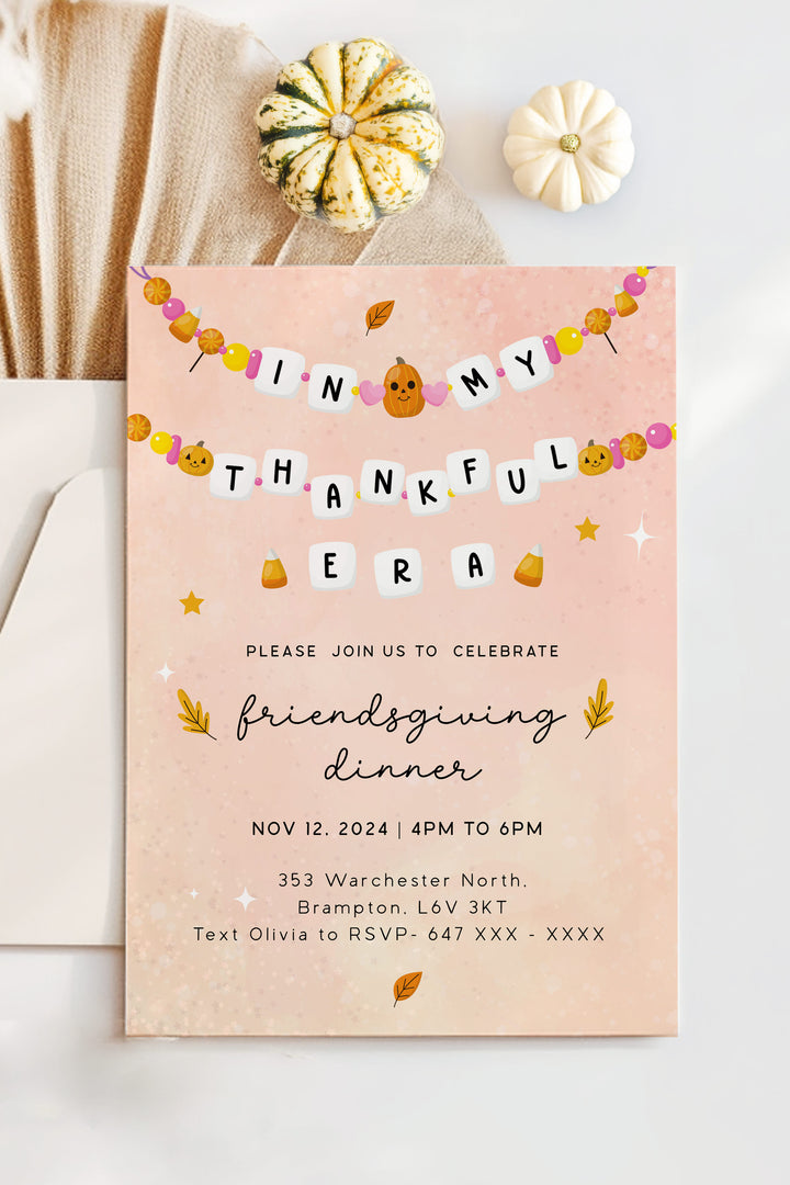 In My Thankful Era Friendsgiving Invitation, perfect for a cozy, autumn-inspired Friendsgiving dinner, customizable and printable.- Vowpaperie