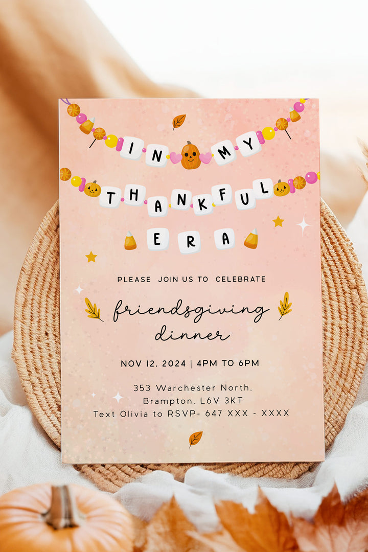 In My Thankful Era Friendsgiving Invitation, perfect for a cozy, autumn-inspired Friendsgiving dinner, customizable and printable.- Vowpaperie