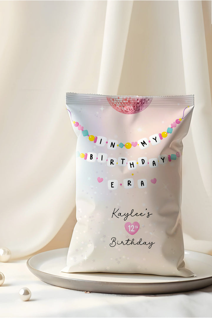 "In My Birthday Era Birthday Chip Bag inspired by Taylor Swift's Eras""Customizable chip bag design for Swiftie-themed birthday parties""8.5x11 inch Taylor Swift-themed chip bags for party snacks"