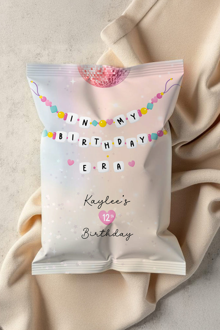 "In My Birthday Era Birthday Chip Bag inspired by Taylor Swift's Eras""Customizable chip bag design for Swiftie-themed birthday parties"