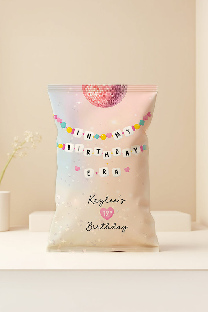 "In My Birthday Era Birthday Chip Bag inspired by Taylor Swift's Eras""Customizable chip bag design for Swiftie-themed birthday parties""Personalized DIY printable chip bags for birthday party favors""8.5x11 inch Taylor Swift-themed chip bags for party snacks""Fun and unique chip bags for Swiftie birthday celebrations"