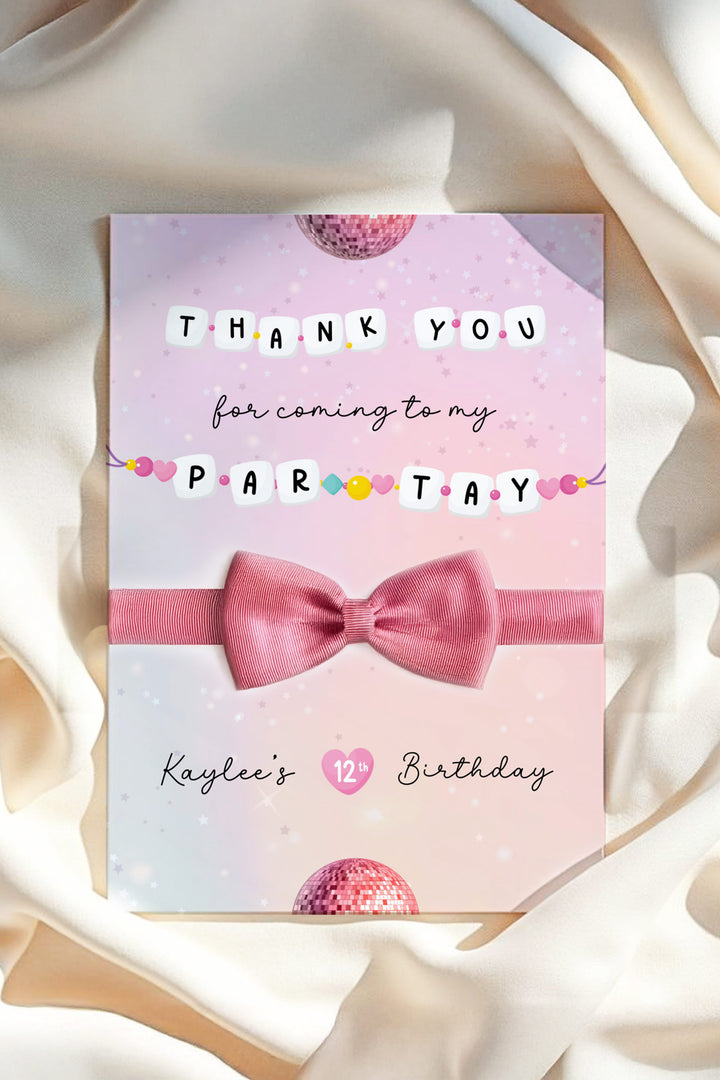 "In My Birthday Era Scrunchies Hair Tie Display Card inspired by Taylor Swift""4.2x3 inch printable hair tie display card for Swiftie-themed birthday parties""Customizable scrunchies display card with Templett for stylish party favors"