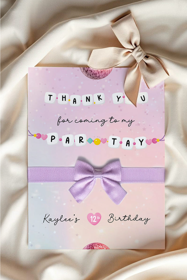 "In My Birthday Era Scrunchies Hair Tie Display Card inspired by Taylor Swift""Swiftie-themed birthday scrunchies display card for party favors""Customizable scrunchies display card with Templett for stylish party favors"