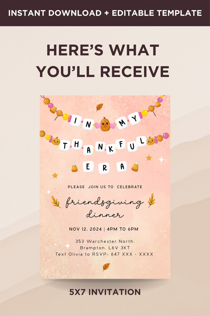 In My Thankful Era Friendsgiving Invitation, perfect for a cozy, autumn-inspired Friendsgiving dinner, customizable and printable.- Vowpaperie