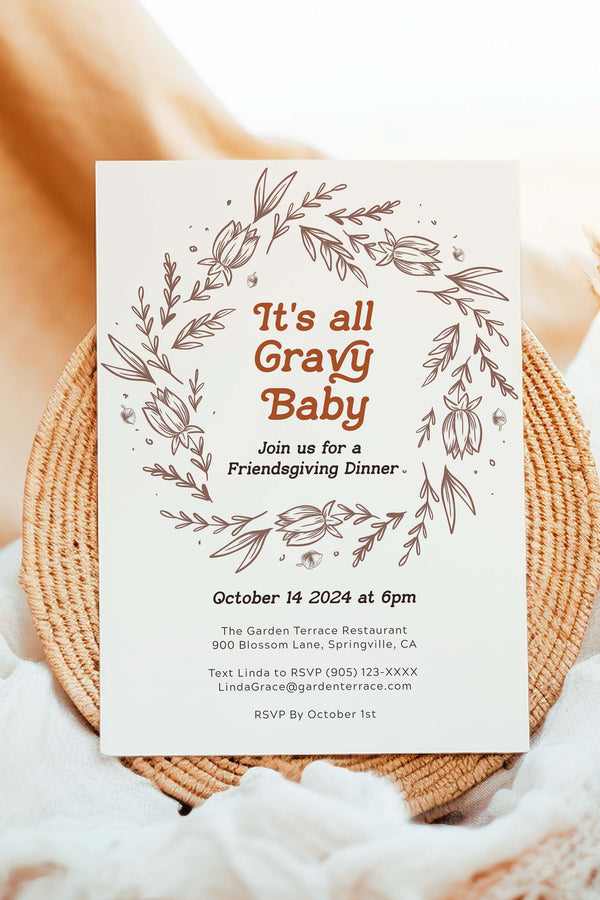 Editable Friendsgiving Invitation - It's All Gravy Baby, perfect for a relaxed dinner with friends, featuring customizable design for a festive gathering.