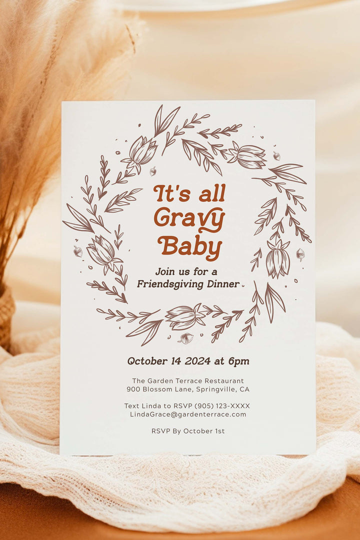 Editable Friendsgiving Invitation - It's All Gravy Baby, perfect for a relaxed dinner with friends, featuring customizable design for a festive gathering.