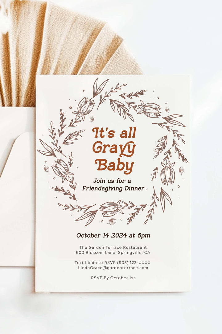 Editable Friendsgiving Invitation - It's All Gravy Baby, perfect for a relaxed dinner with friends, featuring customizable design for a festive gathering.