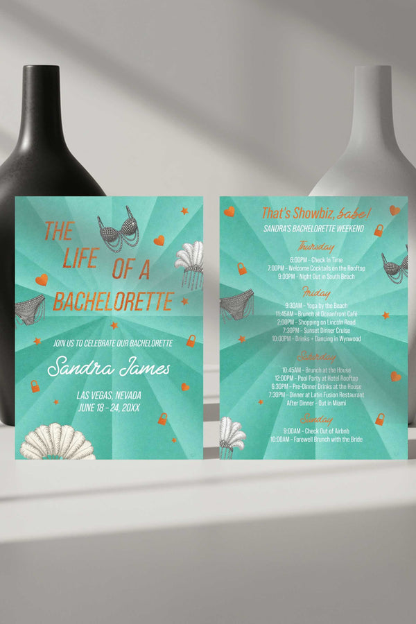 Bachelorette party invitation with decorative elements on a white surface.