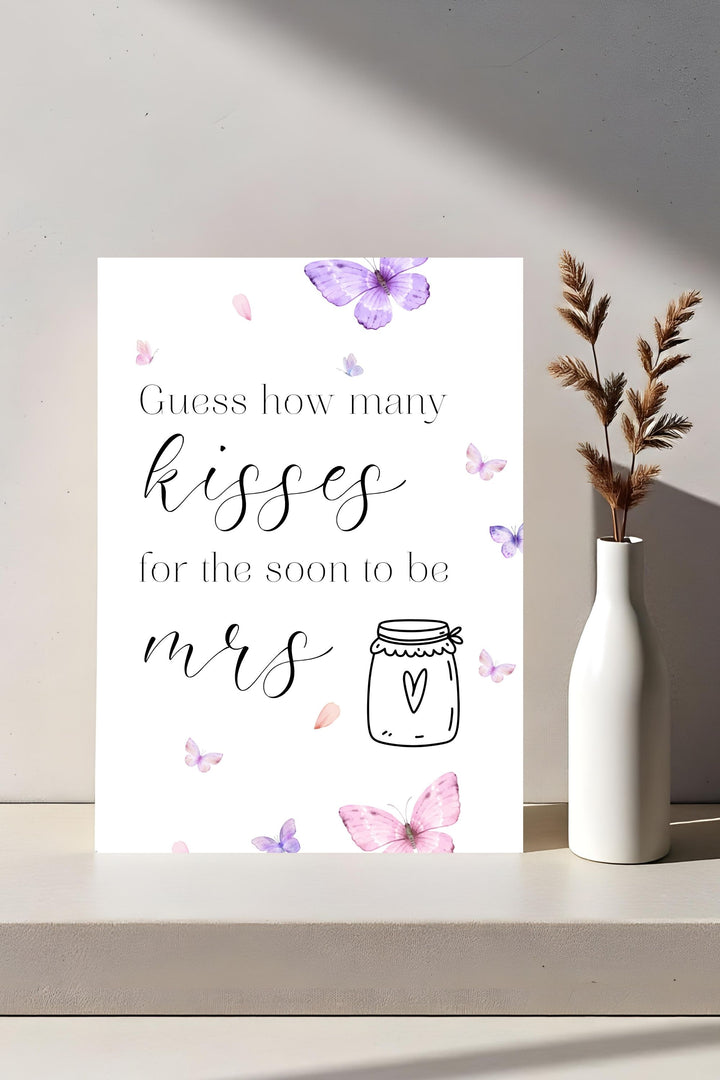  Butterflies Bridal Shower Table Sign for Guess How Many Kisses, Bridal Shower Game