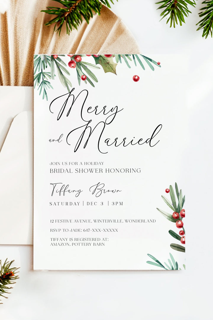 Merry and Married Bridal Shower Invitation, Festive Winter Bridal Shower Design, Customizable Holiday Invitation, Printable Bridal Shower Card, Elegant Christmas Bridal Invite