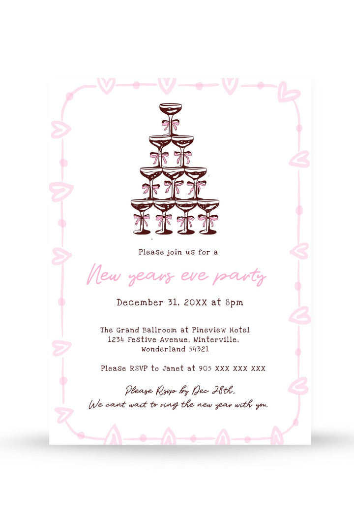 Hand-drawn New Year’s Eve Party Invitation with espresso martini tower design, perfect for stylish and creative celebrations.