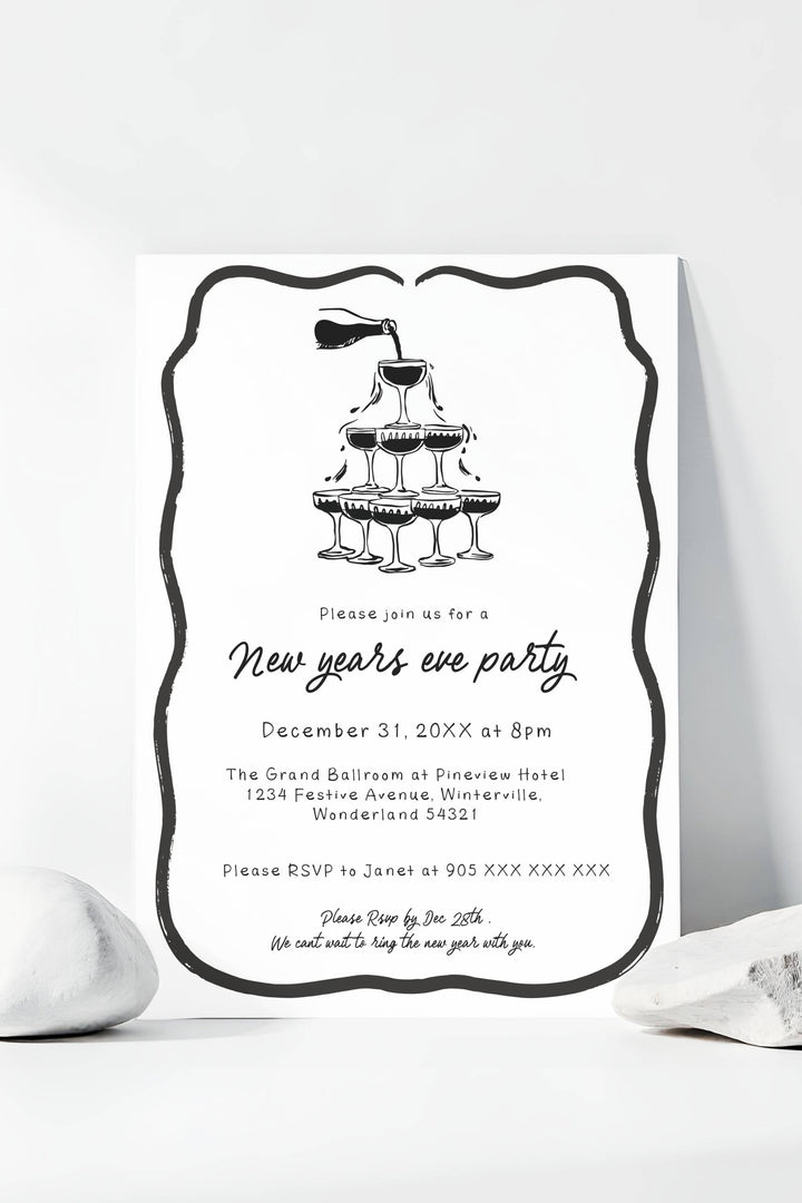 Editable Black and White Doodle New Year’s Eve Party Invitation with playful hand-drawn designs, perfect for festive celebrations.