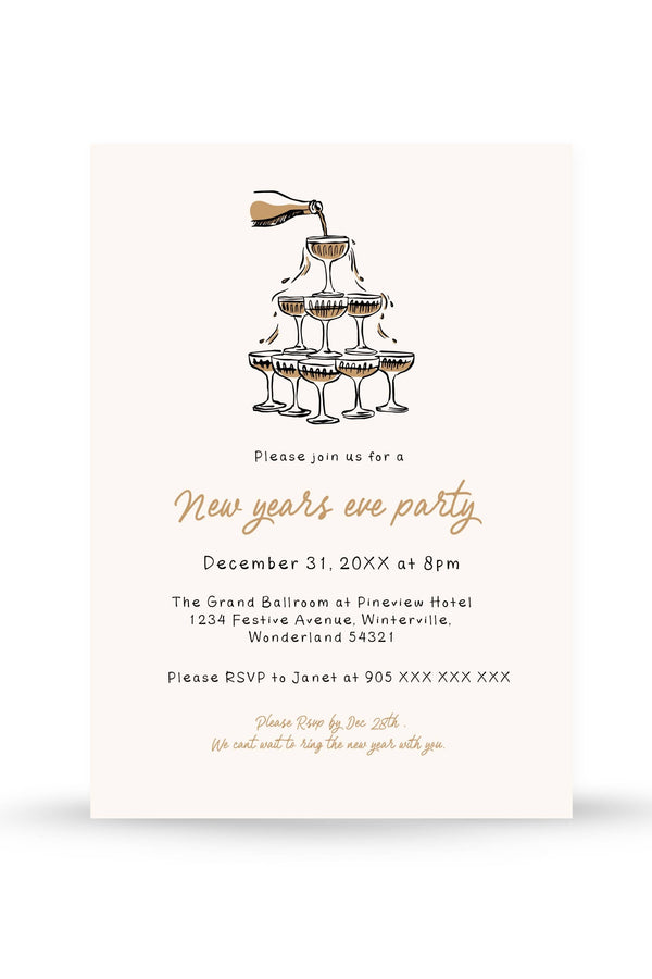 Hand-drawn New Year’s Eve Invitation featuring elegant champagne tower illustrations, customizable for stylish celebrations.