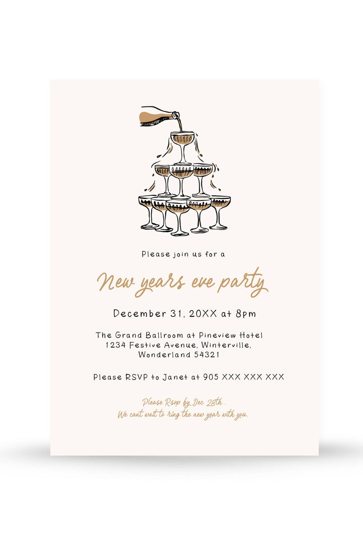 Hand-drawn New Year’s Eve Invitation featuring elegant champagne tower illustrations, customizable for stylish celebrations.