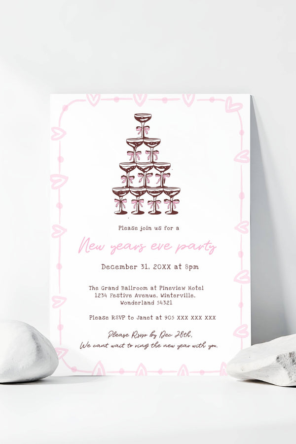 Hand-drawn New Year’s Eve Party Invitation with espresso martini tower design, perfect for stylish and creative celebrations.