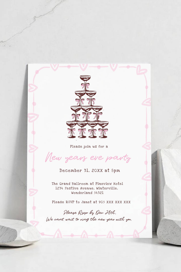 Hand-drawn New Year’s Eve Party Invitation with espresso martini tower design, perfect for stylish and creative celebrations.