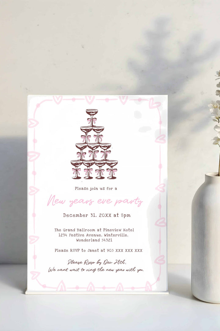 Hand-drawn New Year’s Eve Party Invitation with espresso martini tower design, perfect for stylish and creative celebrations.