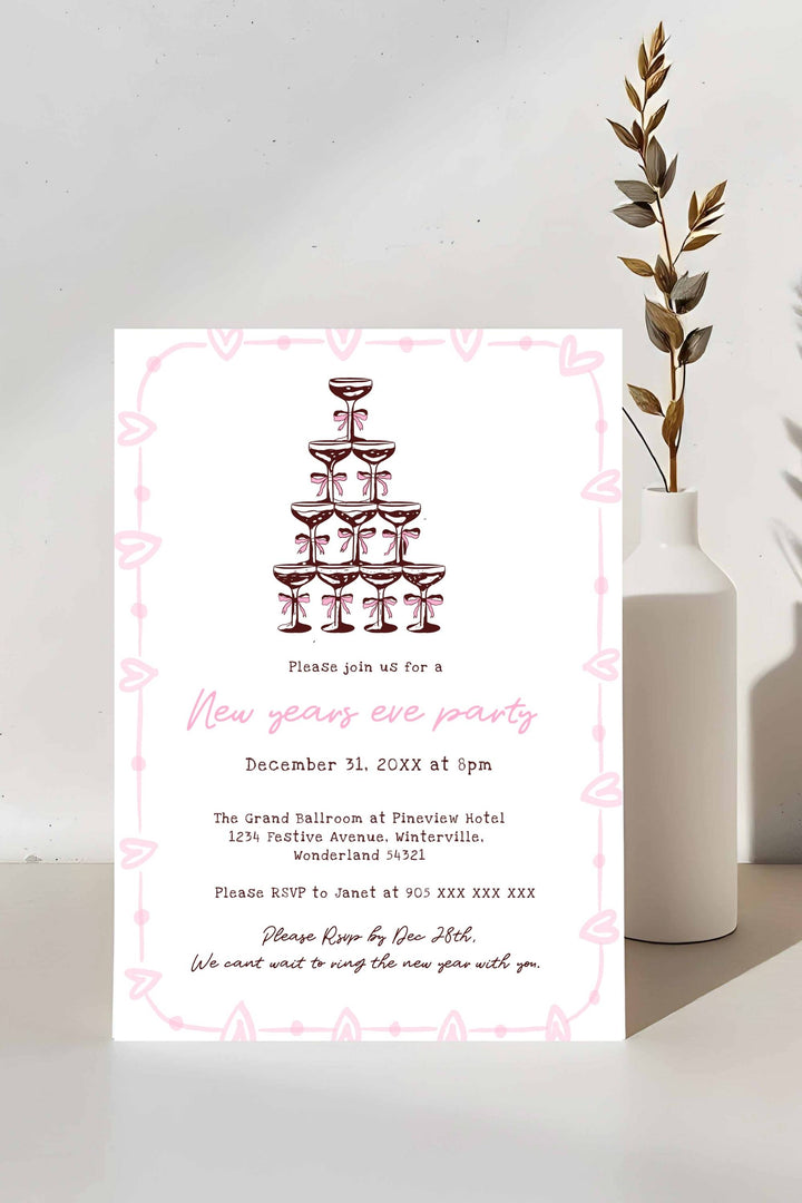 Hand-drawn New Year’s Eve Party Invitation with espresso martini tower design, perfect for stylish and creative celebrations.