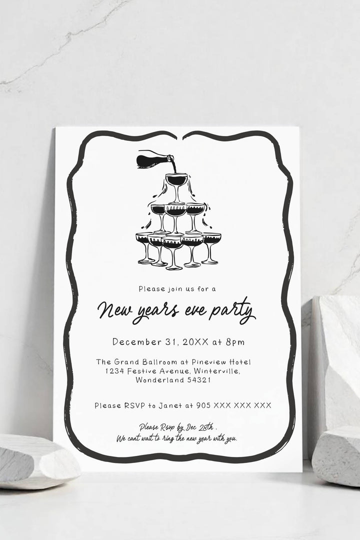 Editable Black and White Doodle New Year’s Eve Party Invitation with playful hand-drawn designs, perfect for festive celebrations.