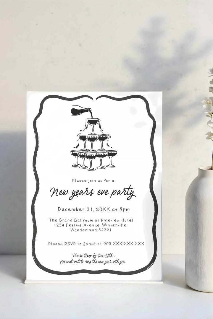 Editable Black and White Doodle New Year’s Eve Party Invitation with playful hand-drawn designs, perfect for festive celebrations.