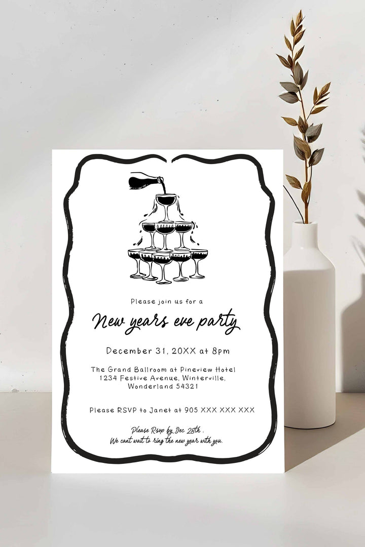 Editable Black and White Doodle New Year’s Eve Party Invitation with playful hand-drawn designs, perfect for festive celebrations.