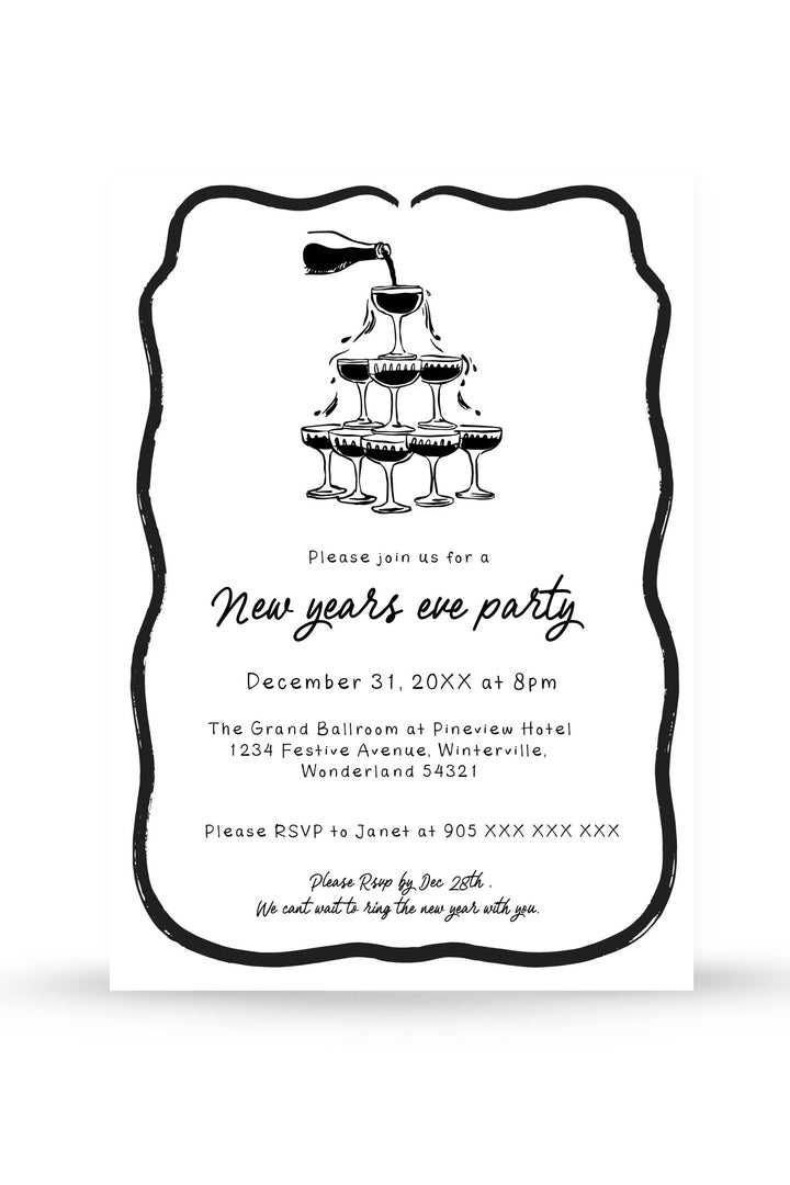 Editable Black and White Doodle New Year’s Eve Party Invitation with playful hand-drawn designs, perfect for festive celebrations.