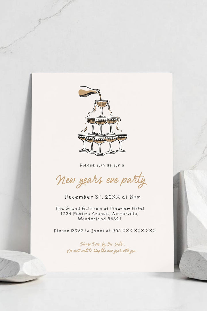 Hand-drawn New Year’s Eve Invitation featuring elegant champagne tower illustrations, customizable for stylish celebrations.