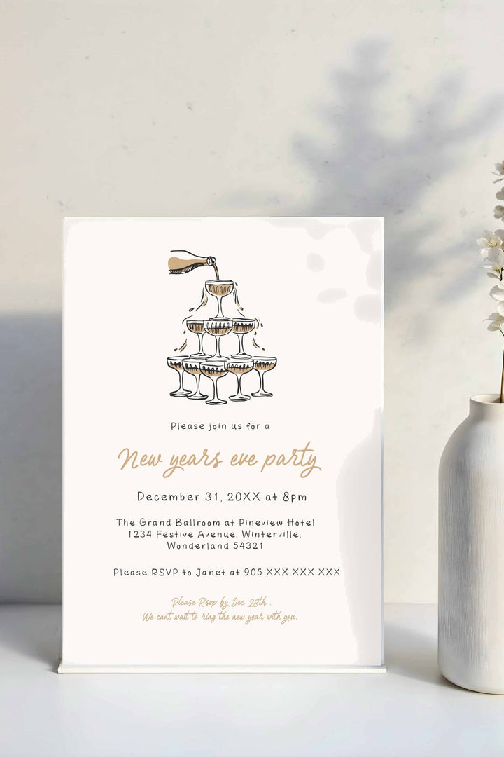 Hand-drawn New Year’s Eve Invitation featuring elegant champagne tower illustrations, customizable for stylish celebrations.