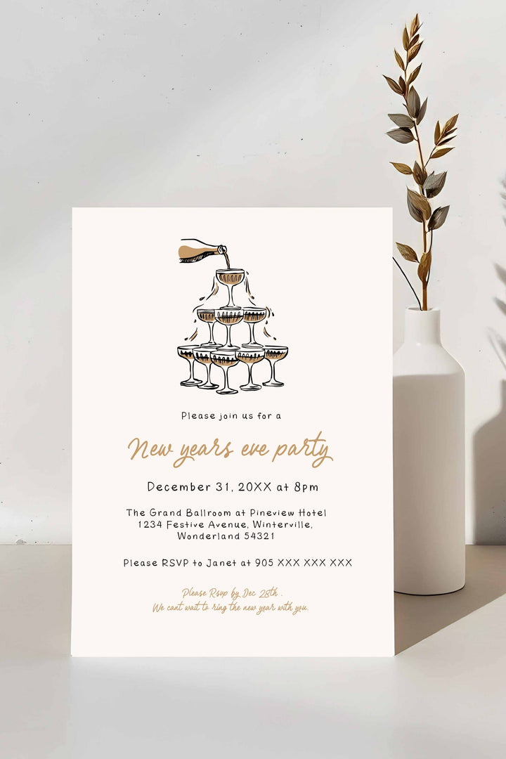 Hand-drawn New Year’s Eve Invitation featuring elegant champagne tower illustrations, customizable for stylish celebrations.