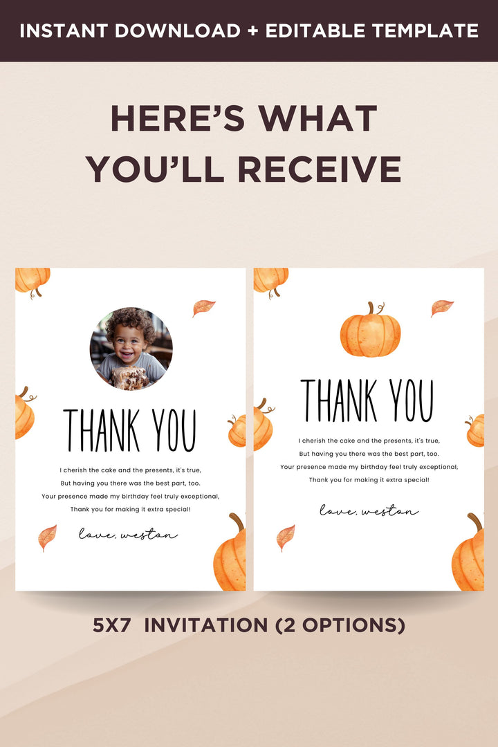 Our Little Pumpkin is Turning One - Thank You Card - Vowpaperie