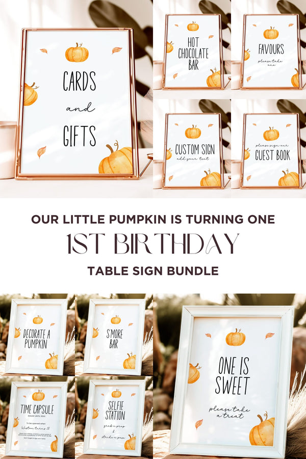 First Birthday Table Sign Bundle, Pumpkin Themed Party Signs, Editable Birthday Signs, Printable First Birthday Signs, Autumn Birthday Decor