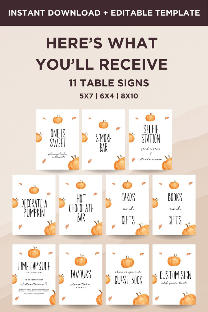 First Birthday Table Sign Bundle, Pumpkin Themed Party Signs, Editable Birthday Signs, Printable First Birthday Signs, Autumn Birthday Decor