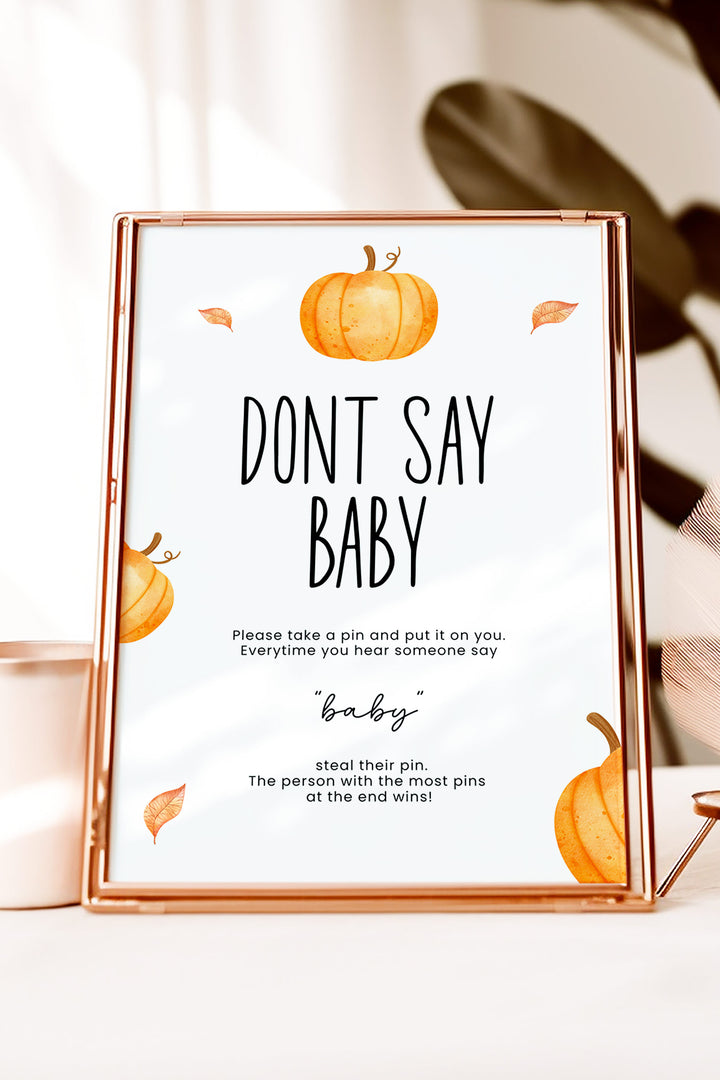 Our Little Pumpkin Don't Say Baby Table Sign, Pumpkin-themed baby shower game sign, Fall baby shower decor, First birthday party game, DIY printable baby shower game sign