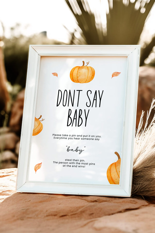 Our Little Pumpkin Don't Say Baby Table Sign, Pumpkin-themed baby shower game sign, Fall baby shower decor, First birthday party game, DIY printable baby shower game sign