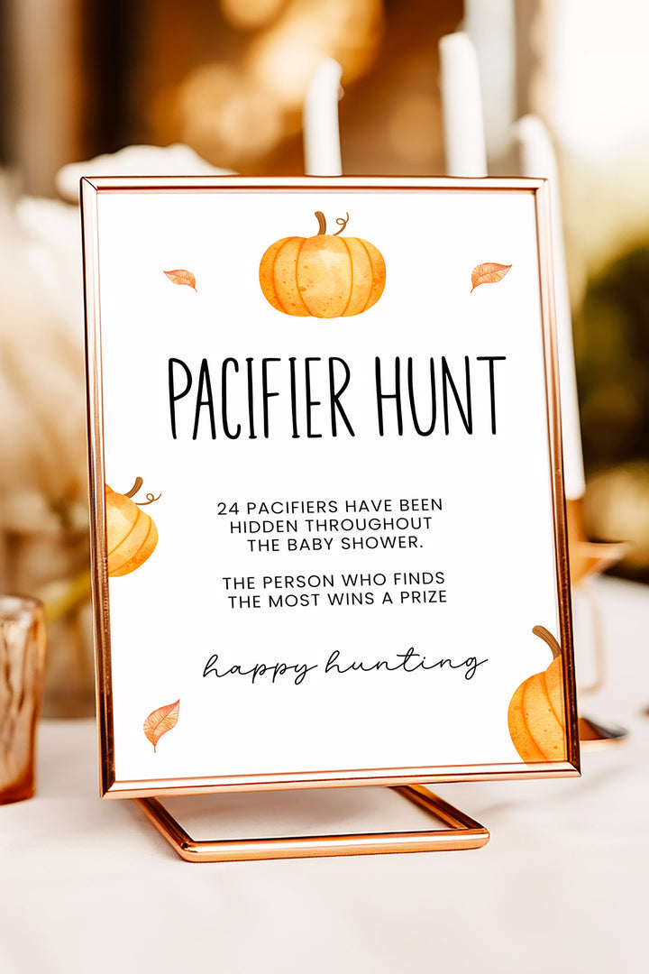 Pacifier Hunt Table Sign, Fall Baby Shower Game Sign, Editable Pumpkin Sign, Printable Pacifier Hunt Table Sign, Autumn Baby Shower Decor