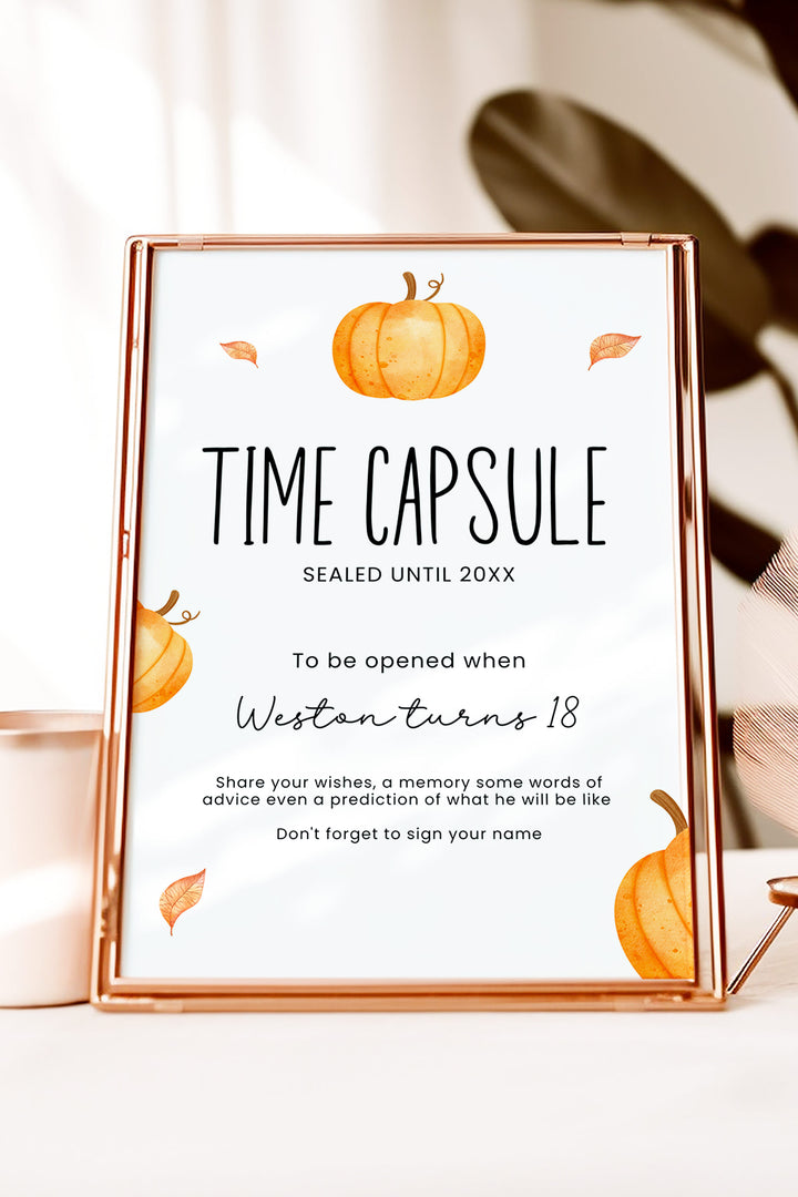 Our Little Pumpkin Time Capsule Table Sign, Pumpkin-themed time capsule sign, Fall baby shower time capsule decor, First birthday time capsule sign, DIY printable time capsule sign