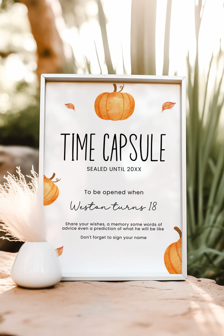 Our Little Pumpkin Time Capsule Table Sign, Pumpkin-themed time capsule sign, Fall baby shower time capsule decor, First birthday time capsule sign, DIY printable time capsule sign