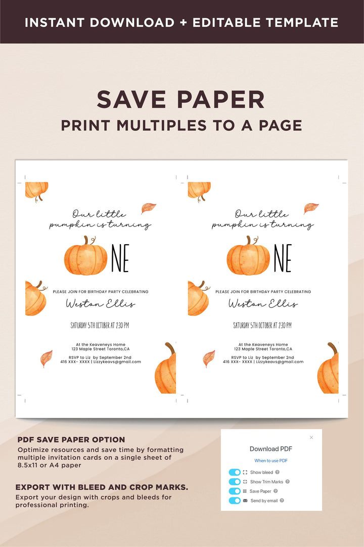 Our Little Pumpkin is Turning One Birthday Invitation - Little Pumpkin Collection - Vowpaperie