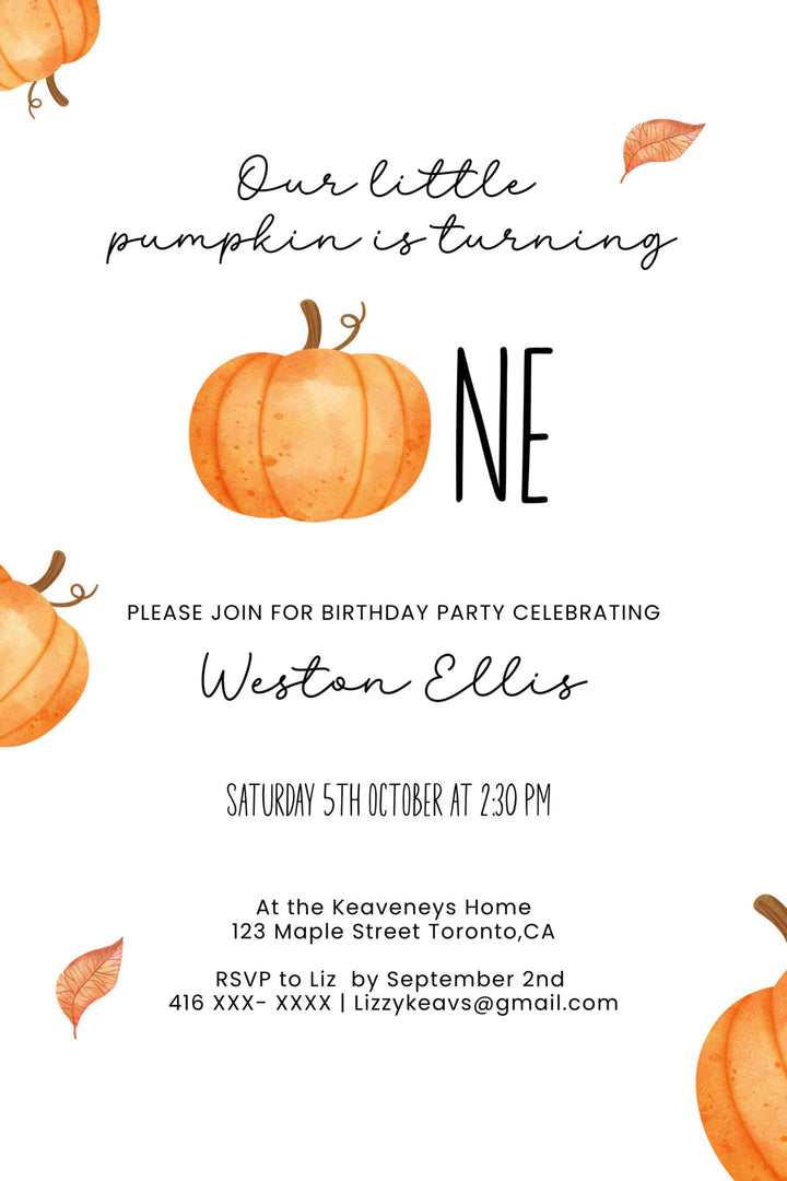 Our Little Pumpkin is Turning One Birthday Invitation - Little Pumpkin Collection - Vowpaperie